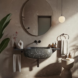 Black Marble Wall Mounted Sink – Natural Stone Basin, Modern Marble Sink Vanity, Bathroom Decor, Luxury Stone Sink, Interior Design