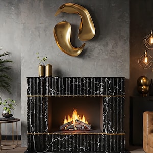 Modern Fluted Marble Fireplace – Black Marble Fireplace Mantel, Luxury Italian Stone Surround, Industrial Glam Mantel