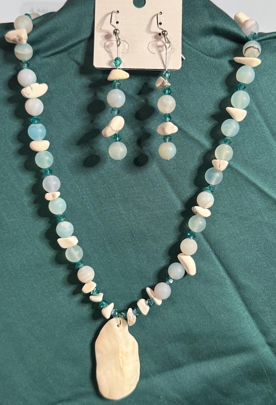 Beachy Blue Beaded Necklace with Shell Pendant and Matching Earrings