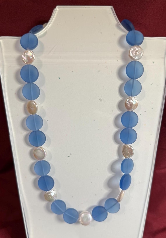 Sky Blue Glass and Pearl Beaded Necklace and Matching Bracelet