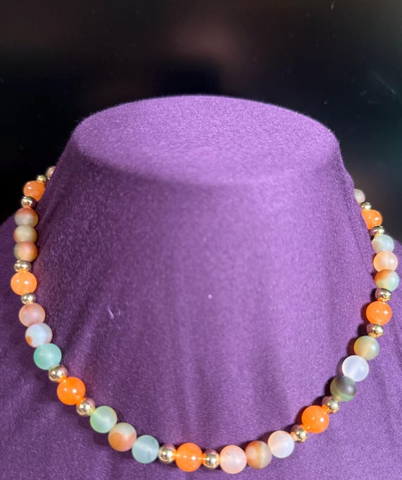 Green and Coral Beaded Necklace with gold accents