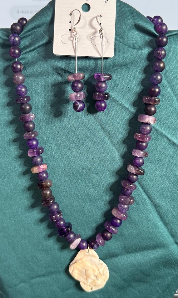 Dark Purple Beaded Necklace with a Sea Shell Pendant with Matching Earrings