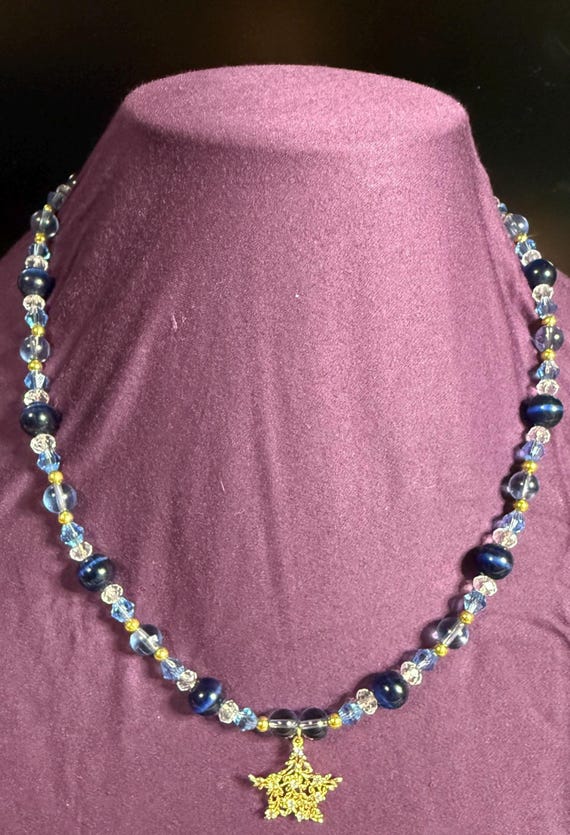 Dark Blue Beaded Necklace with Gold Accents and Gold Star