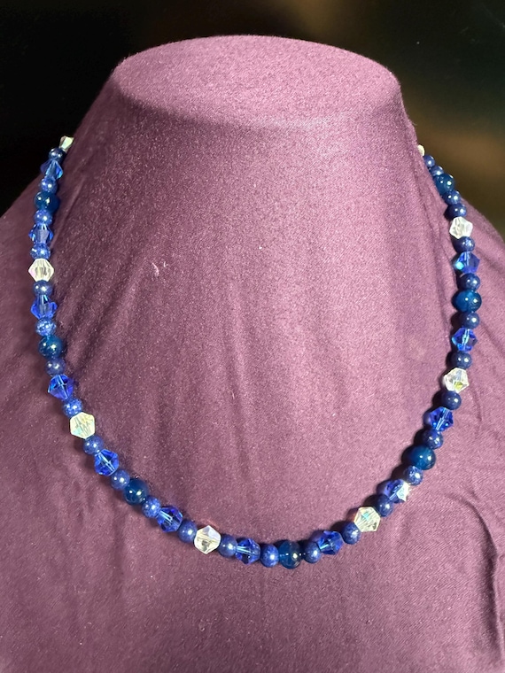 Blue Beaded Necklace with Silver Accents