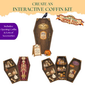 May include: An interactive coffin kit featuring a wooden-style coffin with a black crow on top, a sign reading "OPEN IF YOU DARE," and a small pumpkin. The kit includes a skeleton, miniature potion bottles, skulls, and various Halloween-themed accessories.