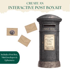 May include: A dark grey cylindrical post box with a domed top, featuring the text POST BOX and a collection times plaque. Three small brown envelopes are included, one with a wax seal. The text reads CREATE AN INTERACTIVE POST BOX KIT.