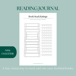 Può includere: Una pagina bianca di diario di lettura con la scritta "READING JOURNAL" in alto. La pagina presenta una sezione "Book Stack Ratings" con illustrazioni di libri e caselle di valutazione a forma di cuore. Il diario è disponibile nei formati A4 e US Letter.