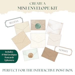 Könnte beinhalten: Ein Mini-Umschlag-Set mit acht Umschlägen in verschiedenen Mustern und Texturen, darunter zwei mit Wachssiegeln. Das Set enthält Postkarten und Ephemera mit den Texten CREATE A MINI ENVELOPE KIT, BELIEVE, ALWAYS und PERFECT FOR THE INTERACTIVE POST BOX.