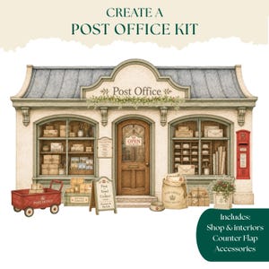 Create A Post Office Kit, Printable Miniature Shop, Junk Journal Kit, Paper Village, DIY Paper Craft, Scrapbook Ephemera, Fussy Cuts