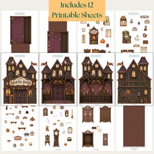 May include: A collection of 12 printable sheets featuring a haunted house paper craft project. The set includes detailed architectural facades, interior walls, furniture, and decorative accessories like ghosts, pumpkins, and signs.