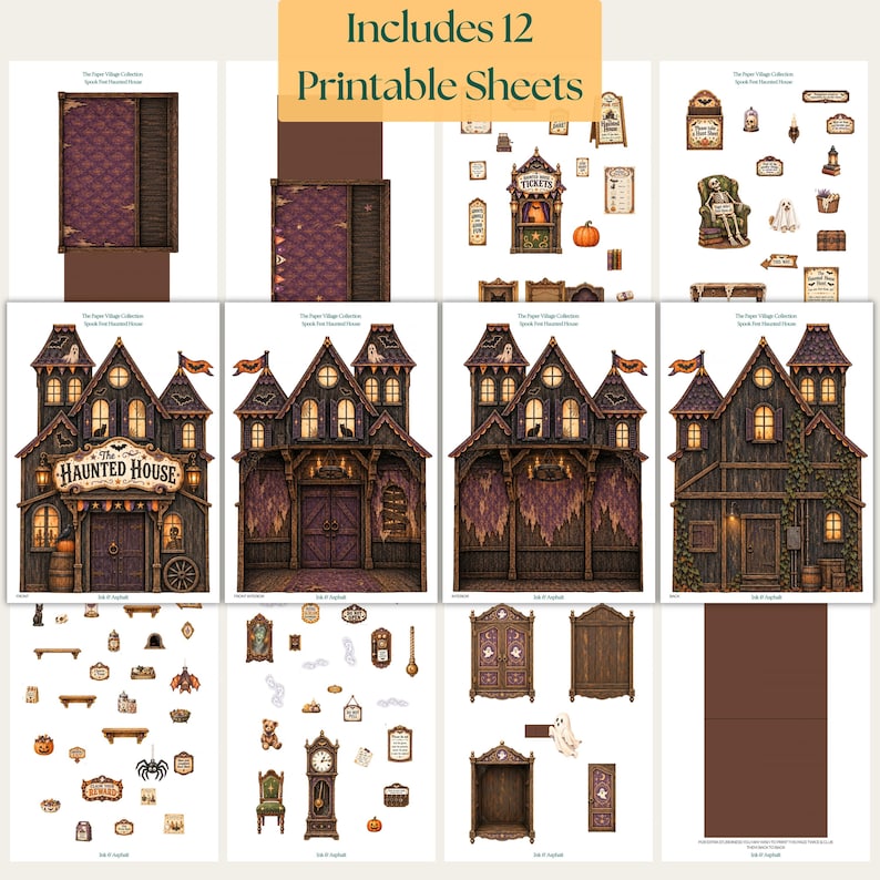 May include: A collection of 12 printable sheets featuring a haunted house paper craft project. The set includes detailed architectural facades, interior walls, furniture, and decorative accessories like ghosts, pumpkins, and signs.
