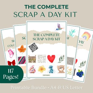 Op de afbeelding: Een verzameling afdrukbare scrapbook pagina's getiteld "The Complete Scrap A Day Kit". De pagina's bevatten aquarel illustraties van een vlinder, blad, hart en andere decoratieve elementen. De bundel bevat 117 pagina's en is beschikbaar in A4 en US Letter formaten.