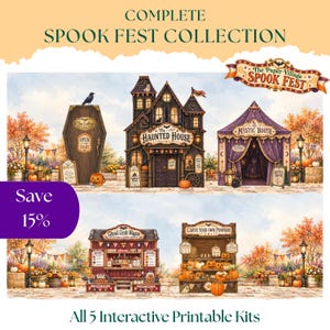 May include: A complete Spook Fest collection of five interactive printable kits featuring a coffin, a haunted house, a mystic booth, a ghoul grub wagon, and a pumpkin carving stand, all decorated with autumn-themed elements and signage.