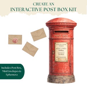 Pode incluir: Um kit de caixa de correio interativo com uma caixa de correio cilíndrica vermelha com placa de horários de recolha, três mini envelopes castanhos e um envelope selado com cera rosa. O texto diz CREATE AN INTERACTIVE POST BOX KIT.