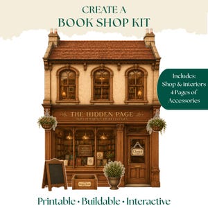 Könnte beinhalten: Ein druckbares Buchladen-Set, das ein zweistöckiges Gebäude namens The Hidden Page mit brauner Holzfassade, großen Schaufenstern, hängenden Pflanzen, einer Kreidetafel, einer Holzkiste und einer Topfpflanze zeigt. Enthält 4 Seiten mit Zubehör.