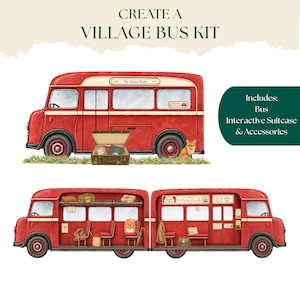 Puede incluir: Un kit de autobús de pueblo rojo que incluye una vista exterior con un zorro y una maleta, y una vista interior que muestra asientos, portaequipajes y accesorios. El texto dice: CREATE A VILLAGE BUS KIT e Includes: Bus, Interactive Suitcase & Accessories.