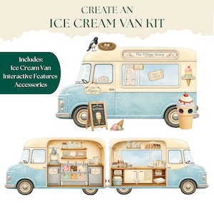Op de afbeelding: Een ijscoman-set met een crème en lichtblauwe bestelwagen met de tekst The Village Scoop, een vogel, een nest en diverse bordjes. De set bevat interieurweergaven met planken, ijsbakken en accessoires voor de bestelwagen.