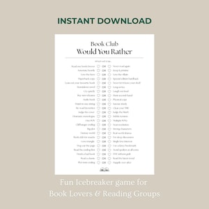 May include: A white digital print featuring the text Book Club Would You Rather with a list of reading-related choices separated by heart icons and the word OR. The document includes the text INSTANT DOWNLOAD at the top and Fun Icebreaker game for Book Lovers & Reading Groups at the bottom.