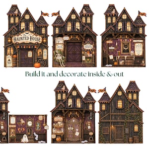 May include: A multi-panel cardboard haunted house model featuring dark wood textures, purple interior walls, and various Halloween-themed details including ghosts, skeletons, pumpkins, and signs reading The Haunted House, Tickets, and Do Not Open.