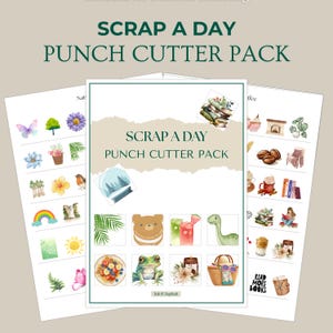 May include: A set of paper sheets with the text "SCRAP A DAY PUNCH CUTTER PACK" and watercolour illustrations. The sheets showcase themed stickers, including nature, food, and reading-related designs, set against a neutral background.