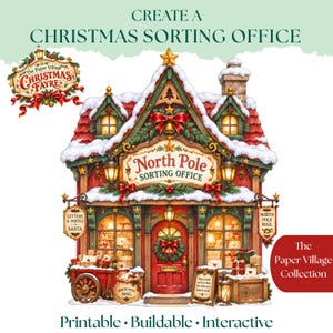 Peut inclure: Un modèle en papier imprimable et constructible d'un bureau de tri du pôle Nord. La structure présente une porte rouge, un toit enneigé, de la verdure festive et des panneaux indiquant North Pole Sorting Office, Letters & Parcels to Santa et North Pole Mail.