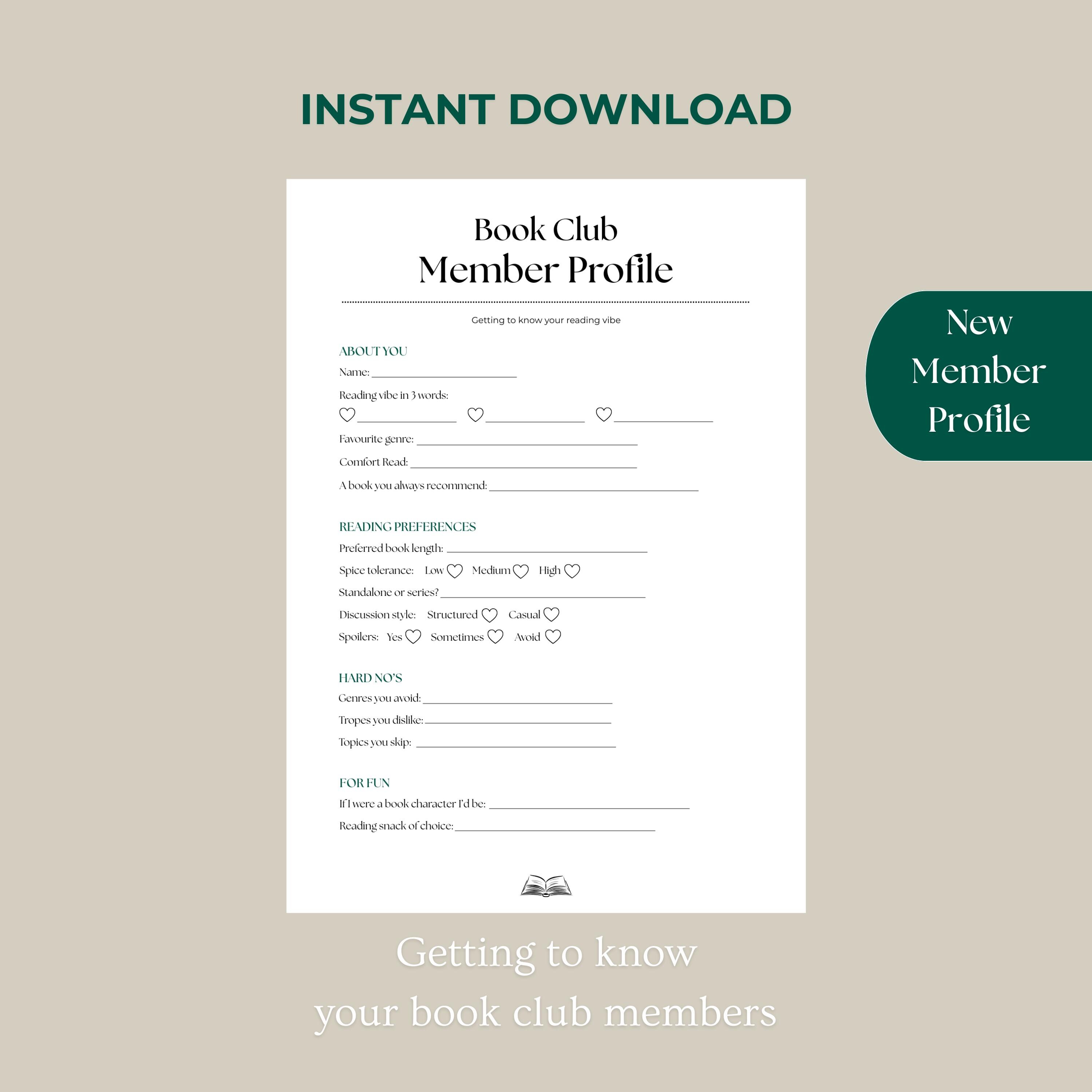 Book Club Member Profile Printable | Book Club Questionnaire | Reading ...