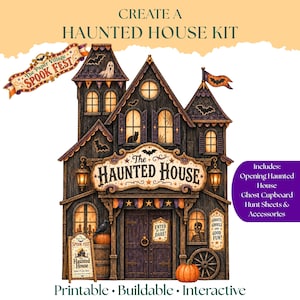 Peut inclure: Un kit de maison hantée à imprimer représentant une structure sombre à plusieurs étages avec des fenêtres éclairées en orange, un chat noir, des chauves-souris et des citrouilles. Le texte inclut "CREATE A HAUNTED HOUSE KIT" et "THE HAUNTED HOUSE."