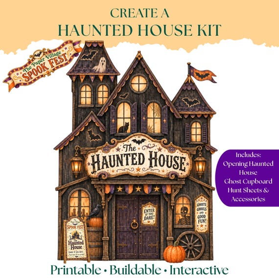 Interactive Haunted House Printable Kit, Halloween Craft, Junk Journal Ephemera, Scrapbook Fussy Cuts, Paper Village Spook Fest