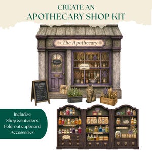 May include: A miniature apothecary shop kit featuring a purple storefront with a sign reading The Apothecary, a door with an Open sign, and a window display. Includes a chalkboard sign, a cat, plants, and a three-section fold-out wooden cupboard.
