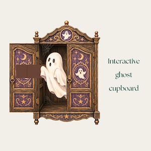 May include: A wooden cupboard with dark brown finish and purple panels featuring gold moon and star motifs. A white ghost figure emerges from the open doors, which also display the text Interactive ghost cupboard. The interior contains cobwebs.