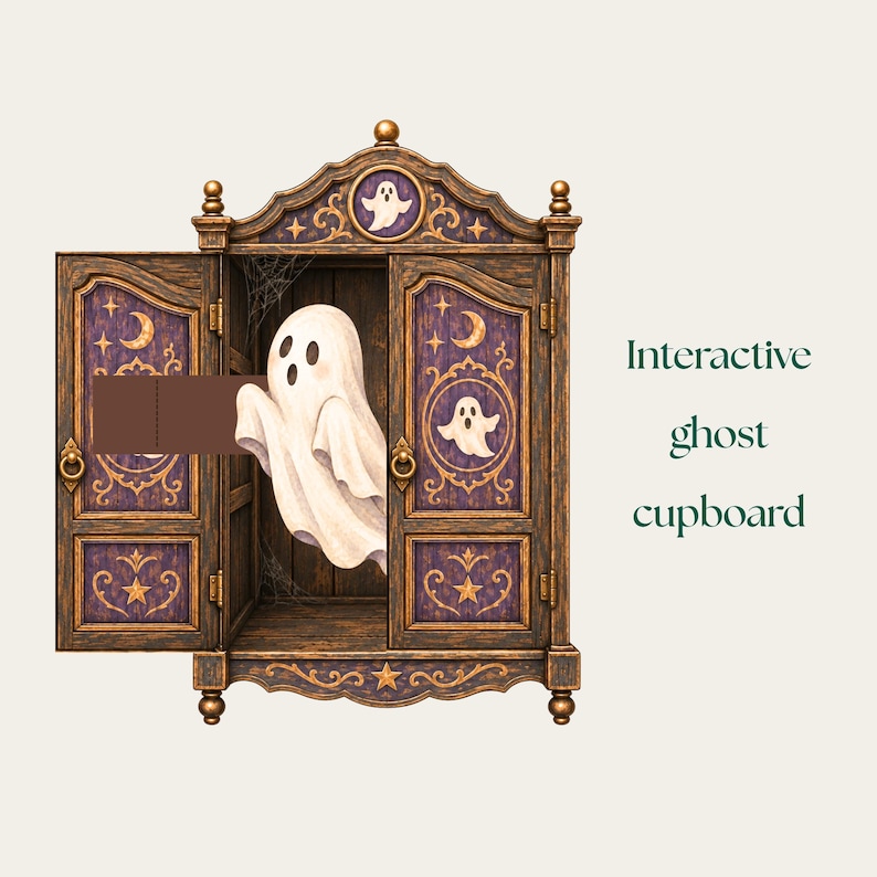 May include: A wooden cupboard with dark brown finish and purple panels featuring gold moon and star motifs. A white ghost figure emerges from the open doors, which also display the text Interactive ghost cupboard. The interior contains cobwebs.