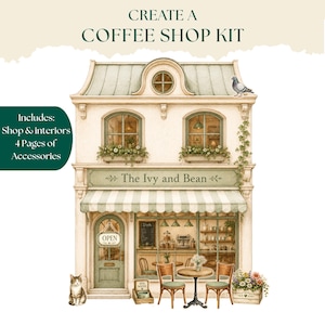 Può includere: Un'illustrazione digitale di una caffetteria a due piani chiamata The Ivy and Bean, con una tenda a righe, fioriere, un piccione sul tetto e un gatto. Il testo include CREATE A COFFEE SHOP KIT e Includes: Shop & interiors 4 Pages of Accessories.
