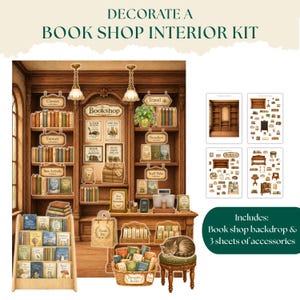 Interieur van een boekenwinkel inrichten Junk Journal Kit, afdrukbare boekenwinkel ambacht, plakboek kortstondige, kieskeurige sneden, voor boekenliefhebbers, digitale download