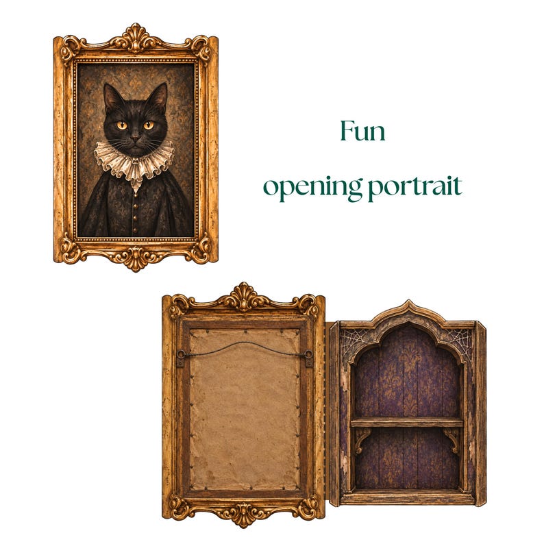 May include: A rectangular wall-mounted cabinet with an ornate gold frame. The front features a portrait of a black cat wearing a ruffled collar. The cabinet opens to reveal a purple patterned interior with a single shelf and spiderweb details.