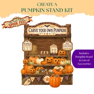 以下が含まれることがあります： 「CREATE A PUMPKIN STAND KIT」および「CARVE YOUR OWN PUMPKINS」という文字が書かれた木目調のパンプキンスタンドのペーパークラフトキット。オレンジ色のカボチャ、小さなハリネズミのフィギュア、彫刻や工作用の看板が含まれています。
