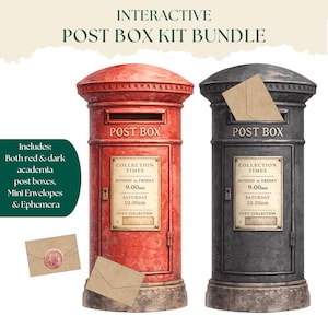 May include: An interactive post box kit bundle featuring one red and one dark gray cylindrical post box. Each box has a slot, the text POST BOX, and a collection times plaque. Includes brown paper mini envelopes and ephemera pieces.
