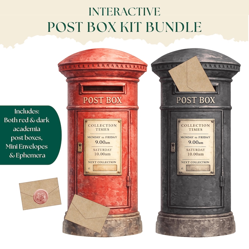 May include: An interactive post box kit bundle featuring one red and one dark gray cylindrical post box. Each box has a slot, the text POST BOX, and a collection times plaque. Includes brown paper mini envelopes and ephemera pieces.