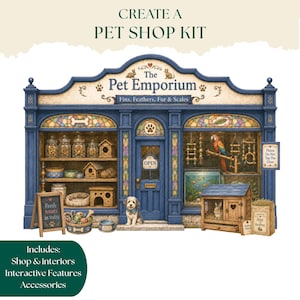 Pode incluir: Um kit de loja de animais em miniatura intitulado The Pet Emporium, com uma fachada azul, vitrines, uma porta central e prateleiras interiores cheias de acessórios, um papagaio, um coelho, um cão e um aquário com peixes.