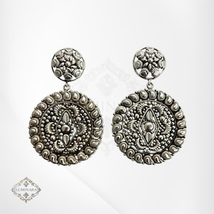 925 Silver Vintage Round Statement Earrings | Handmade Oxidized Indian Jewelry | Vintage Tribal Dangle | Ethnic Festival Earrings for Women