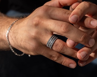 Honeycomb 925 Sterling Silver Ring, Geometric Bee Jewelry, Futuristic Hexagon Band, Unique Handmade Men’s Wedding Ring, Silver Ring for Him