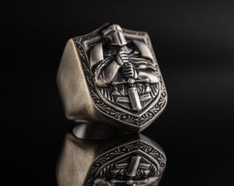 Knight 925 Sterling Silver Ring – Medieval Crusader Armor Ring, Gothic Templar Shield Cross Ring, Christian Warrior Handmade Gift