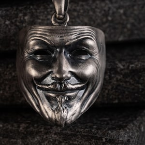 Anonymous Mask Pendant Necklace, 925 Sterling Silver V for Vendetta Jewelry, Hacker Mask Necklace, Unisex Silver Handmade Pendant Gift