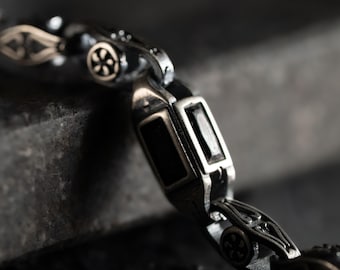 925 Sterling Silver Bracelet Unisex, Handmade Turkish Jewelry for Men, Link Chain with Black Zircon, Vintage Gift for Boyfriend