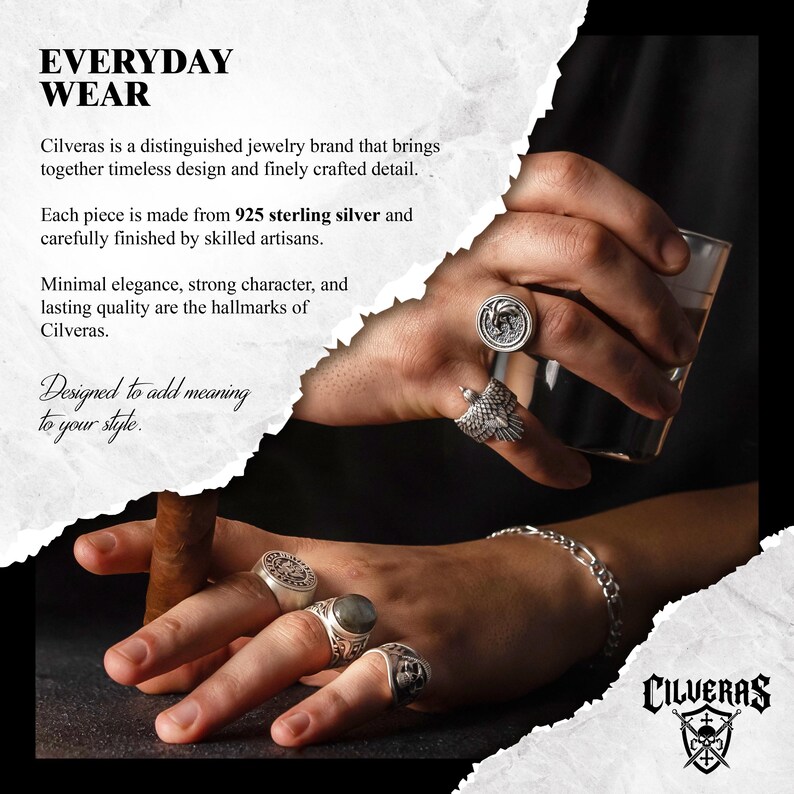 The image is a close-up of a person's hands wearing multiple rings, showcasing the intricate designs and craftsmanship of the jewelry.