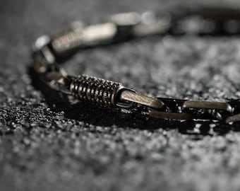 925 Sterling Silver Bracelet Men Cylinder Zirconia Stone, Handmade Unisex Link Chain, Oxidized Link Chain, Minimalist Jewelry Gift for Him