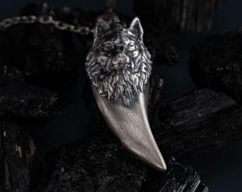 Wolf Tooth 925 Sterling Silver Pendant Necklace – Handmade Viking Wolf Head Jewelry, Nordic Amulet, Tribal Animal Fang Unisex Charm Gift
