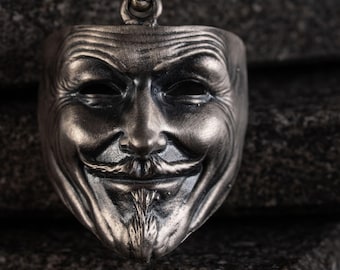 Anonymous Mask Pendant Necklace, 925 Sterling Silver V for Vendetta Jewelry, Hacker Mask Necklace, Unisex Silver Handmade Pendant Gift