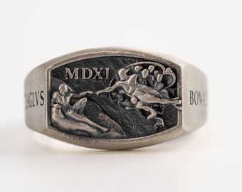 Creation of Adam Signet 925 Sterling Ring, Silver Michelangelo Art Jewelry for Men Women, Handmade Unisex Renaissance Faith Gift, Pinky Band