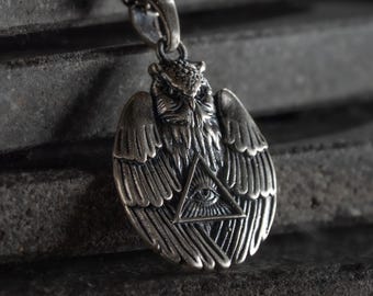 925 Sterling Silver Owl with All Seeing Eye Necklace, Illuminati Eye Pendant, Handmade Owl Charm, Unisex Mystical Wisdom Jewelry Gift