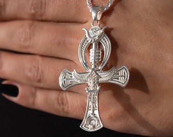 Ankh 925 Sterling Silver Handmade Pendant, Egyptian Eye of Horus Necklace, Ancient Symbol Cross, Men's Silver Jewelry, Unisex Necklace Gift